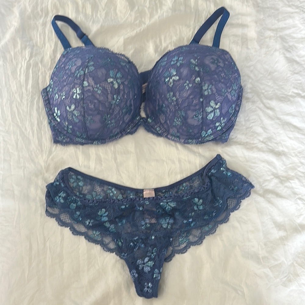 Victoria’s SecretBlue Lace Intimates Set (Bra size 38D, Thong size medium)